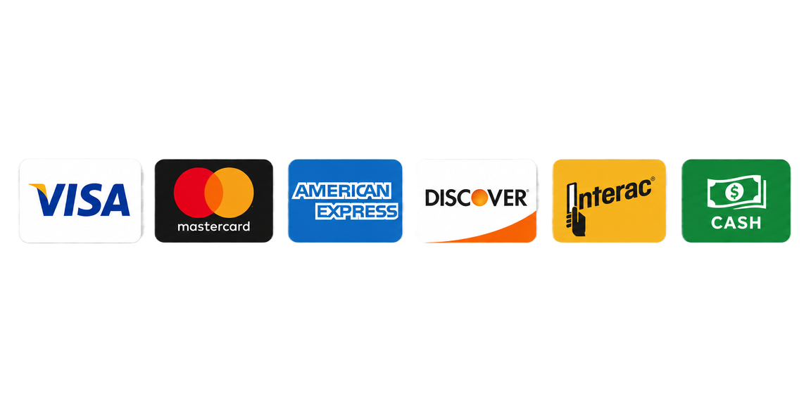 Accepted payment methods: Visa, Mastercard, American Express, Discover, Interac, and Cash