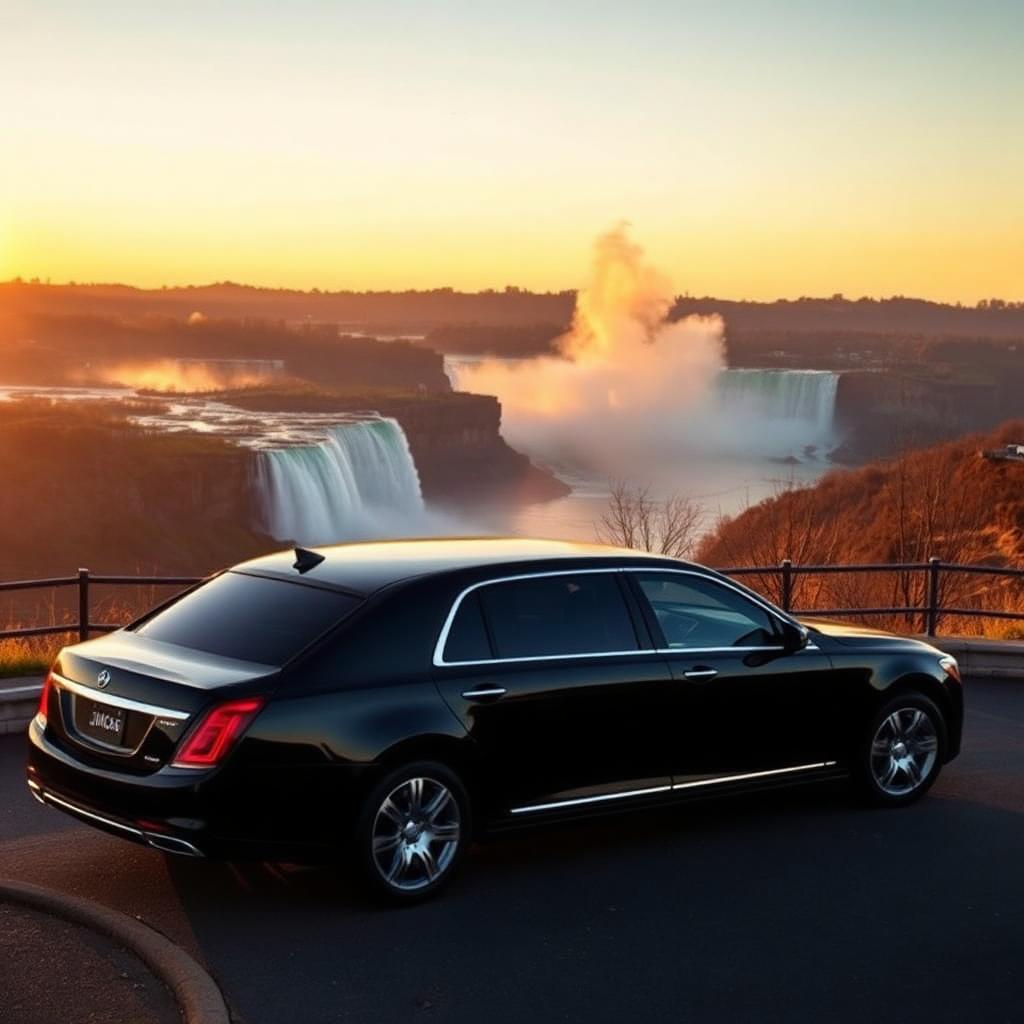 Black luxury sedan parked at a viewpoint overlooking Niagara Falls at golden hour